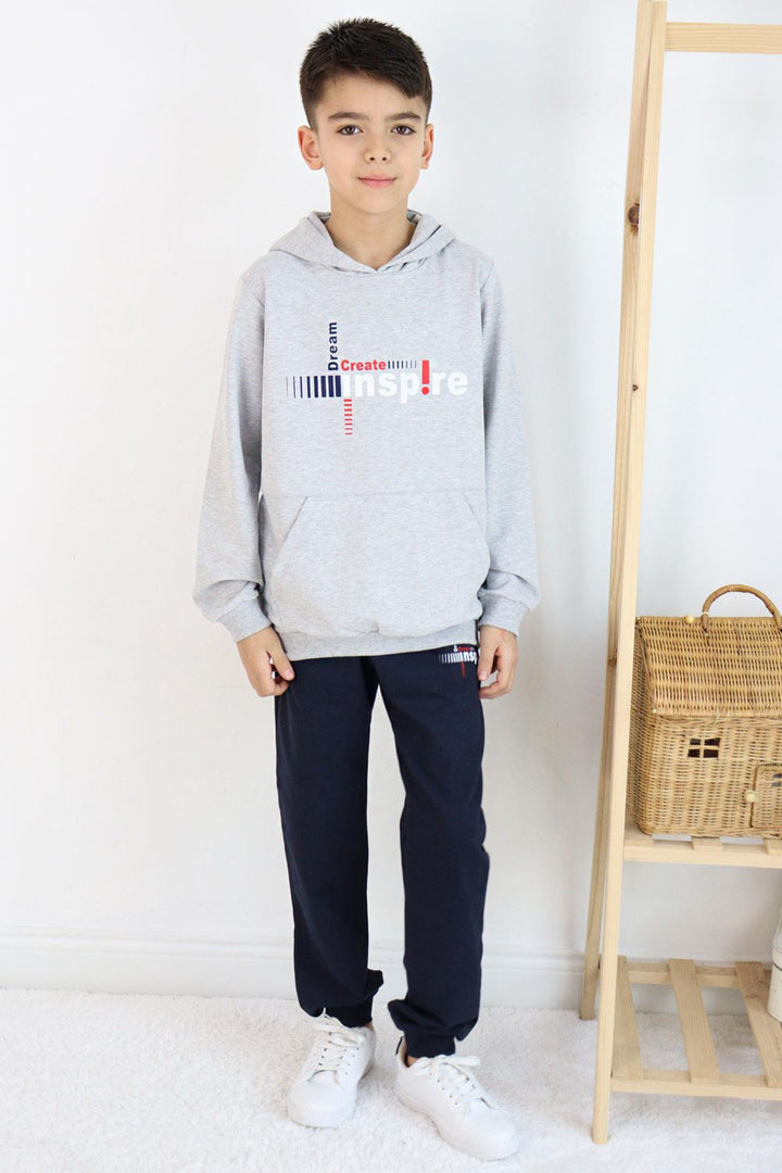 BRE Breeze Boys' Tracksuit with Kangaroo Pocket Printed with Text 62 Years, Light Grey Melange - Melito di Napoli