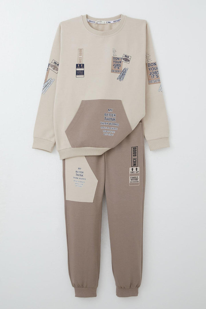 BRE Breeze Boys' Sweat Suit with Kangaroo Pocket Printed with Writing, 4-8 Years, Beige - Chino