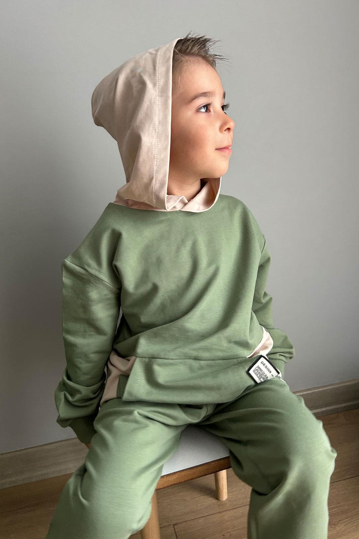 BRE Breeze Boys' Tracksuit with Kangaroo Pocket Hoodie 50 Years, Khaki Green - Rochdale