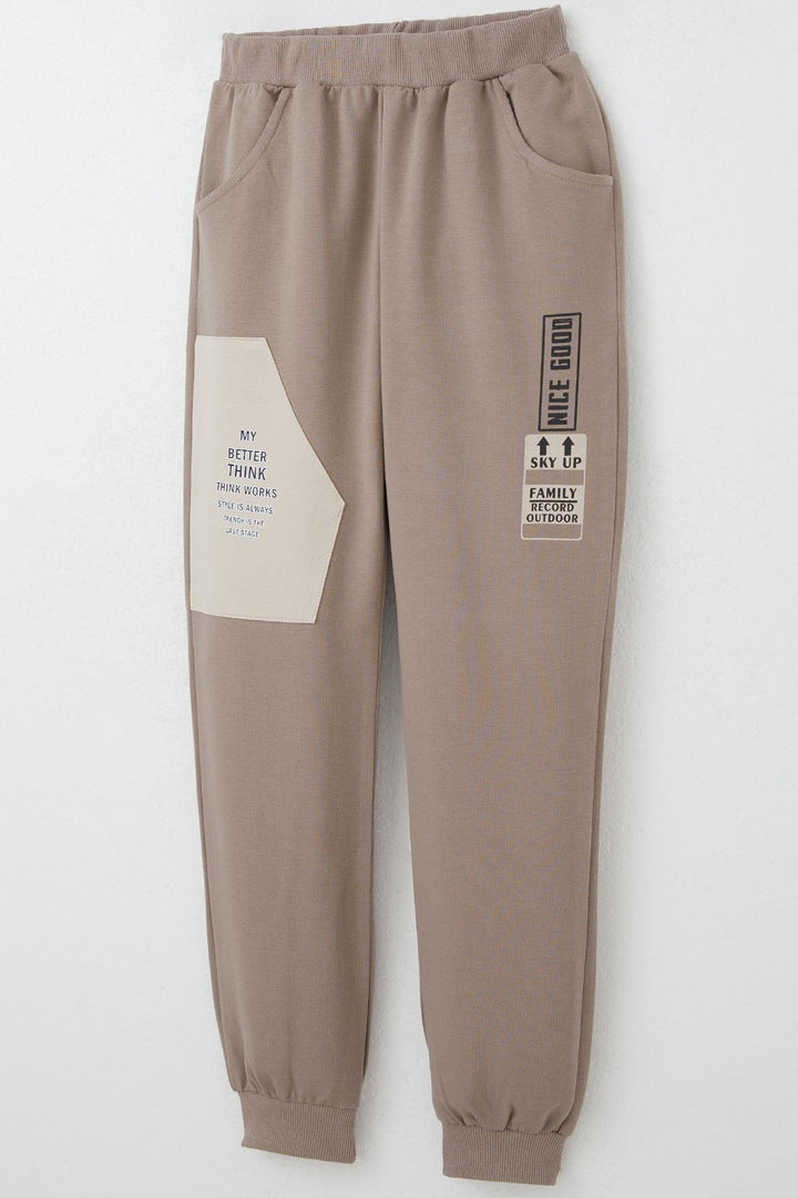 BRE Breeze Boys' Sweat Suit with Kangaroo Pocket Printed with Writing, 4-8 Years, Beige - Chino