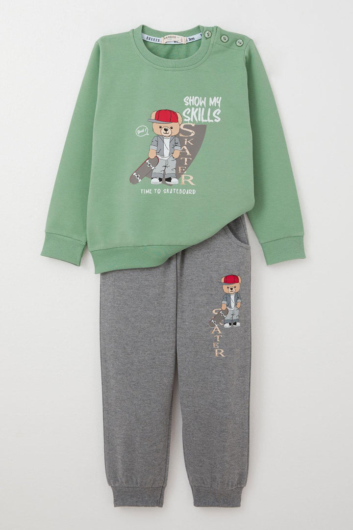 BRE Breeze Boys' Sweat Suit Skateboarder Cute Bear Printed 1-4 Years, Mint Green - Târgu-Mureş