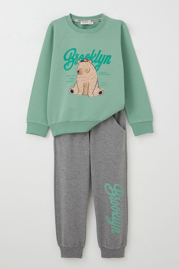 BRE Breeze Boys' Tracksuit Set College Champion Cute Bear Printed 2-6 Years, Mint Green - Bethlehem