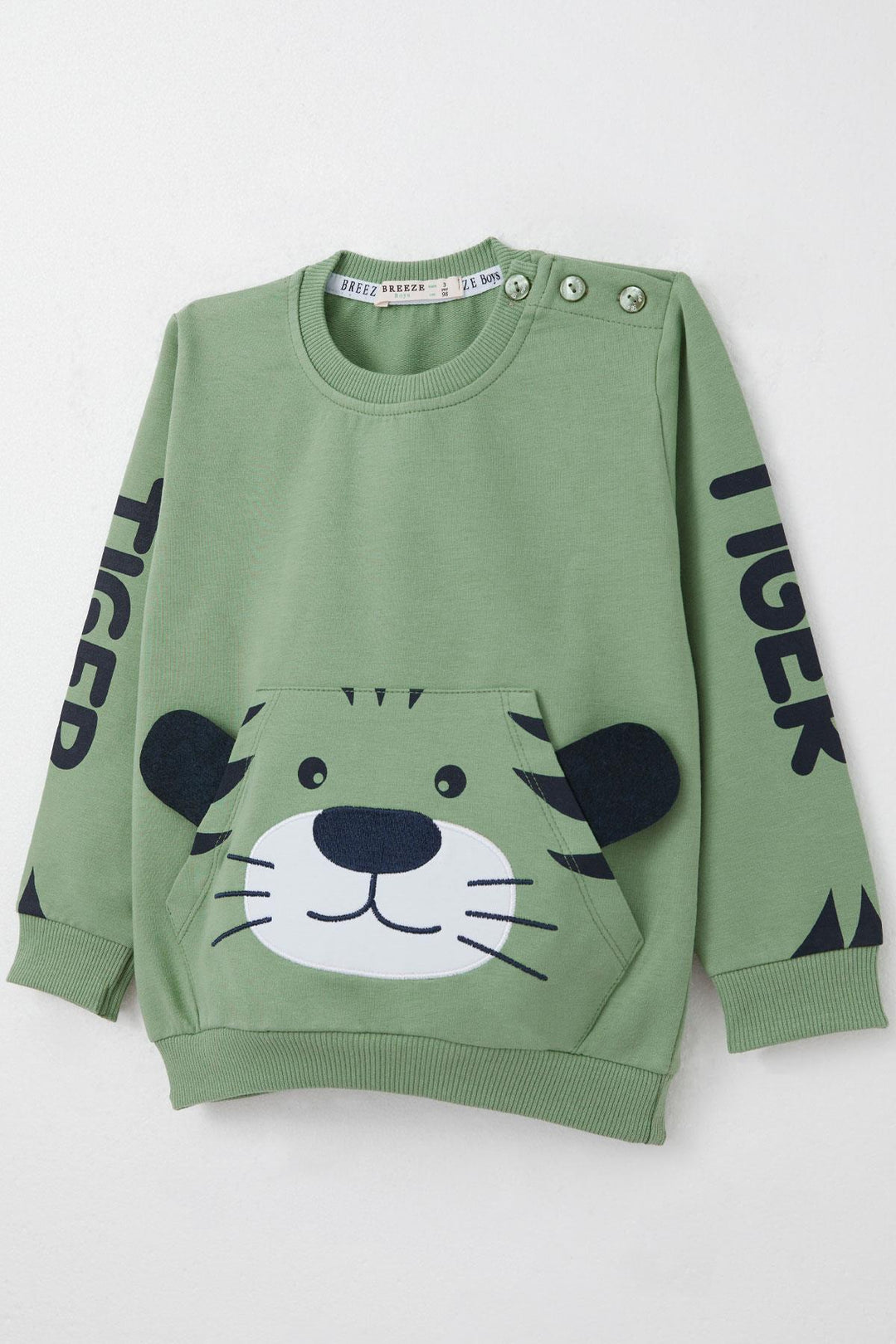 BRE Breeze Boys' Sweat Suit Set with Moving Tiger Embroidery on Ears, 1-4 Years, Mint Green - Delmenhorst