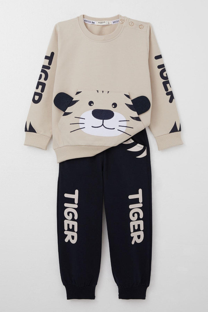 BRE Breeze Boys' Tracksuit Set with Moving Tiger Embroidery on Ears, 1-4 Years, Beige - Montesilvano