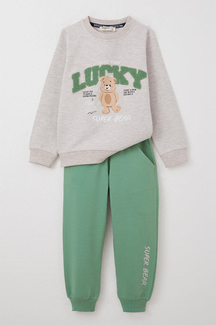 BRE Breeze Boys' Tracksuit Lucky Bear Printed Writing Embroidered 1-4 Years, Beige Melange - Montrouge