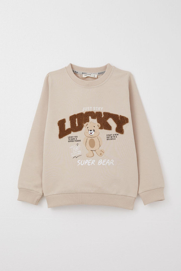 BRE Breeze Boys' Tracksuit Lucky Bear Printed Writing Embroidered 1-4 Years, Beige - Sunrise