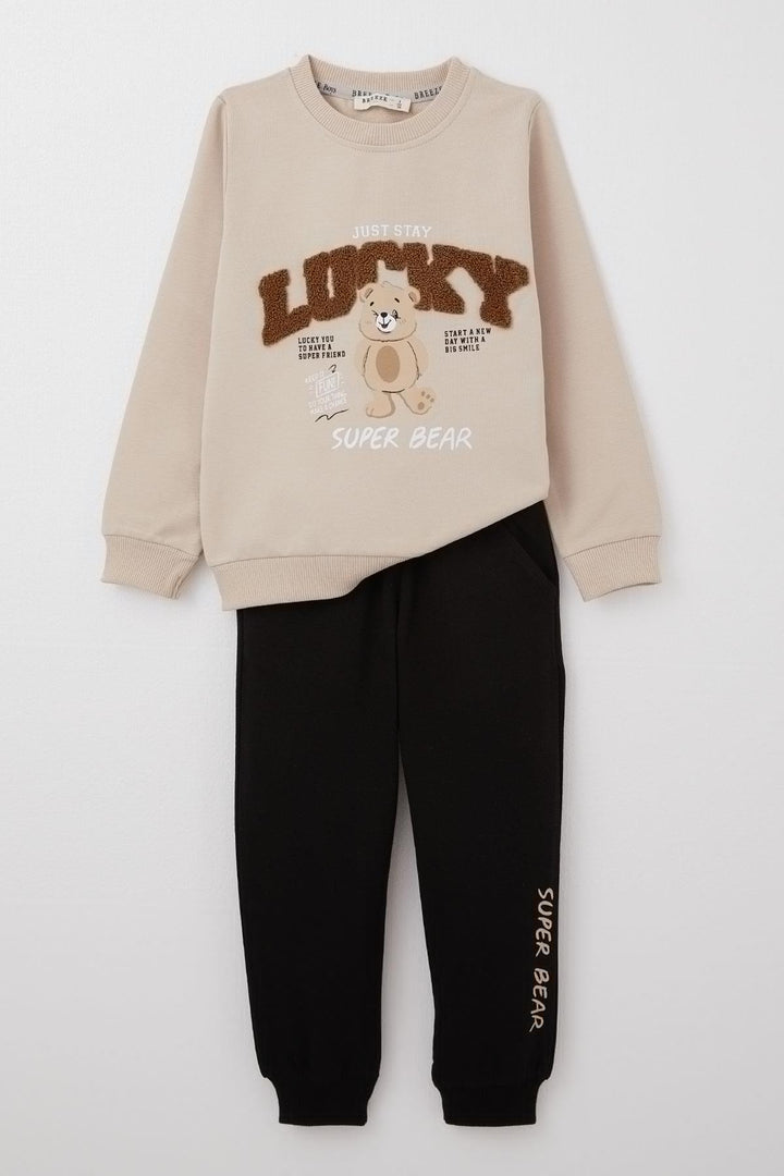BRE Breeze Boys' Tracksuit Lucky Bear Printed Writing Embroidered 1-4 Years, Beige - Sunrise