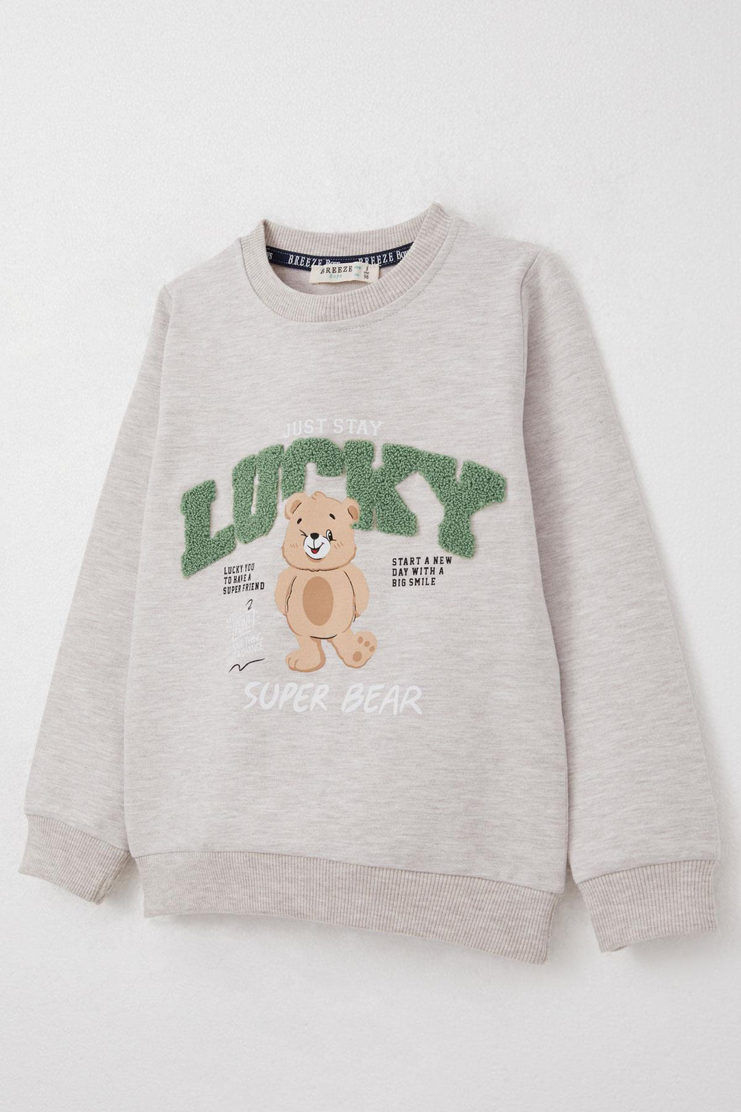 BRE Breeze Boys' Tracksuit Lucky Bear Printed Writing Embroidered 1-4 Years, Beige Melange - Montrouge
