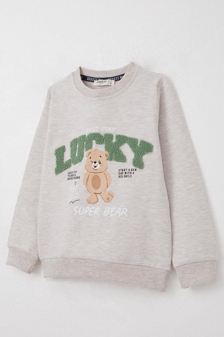 BRE Breeze Boys' Tracksuit Lucky Bear Printed Writing Embroidered 1-4 Years, Beige Melange - Montrouge