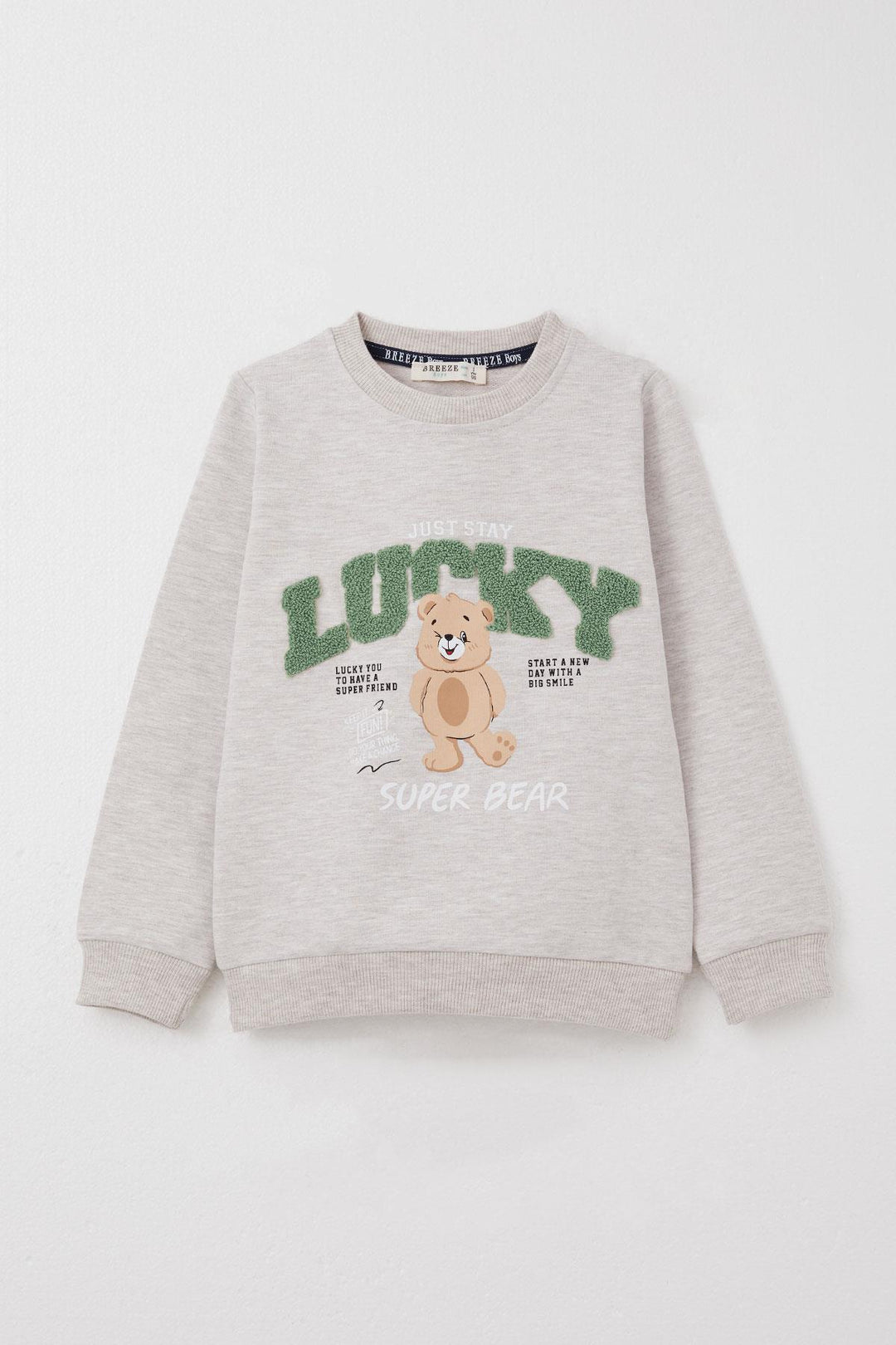 BRE Breeze Boys' Tracksuit Lucky Bear Printed Writing Embroidered 1-4 Years, Beige Melange - Montrouge