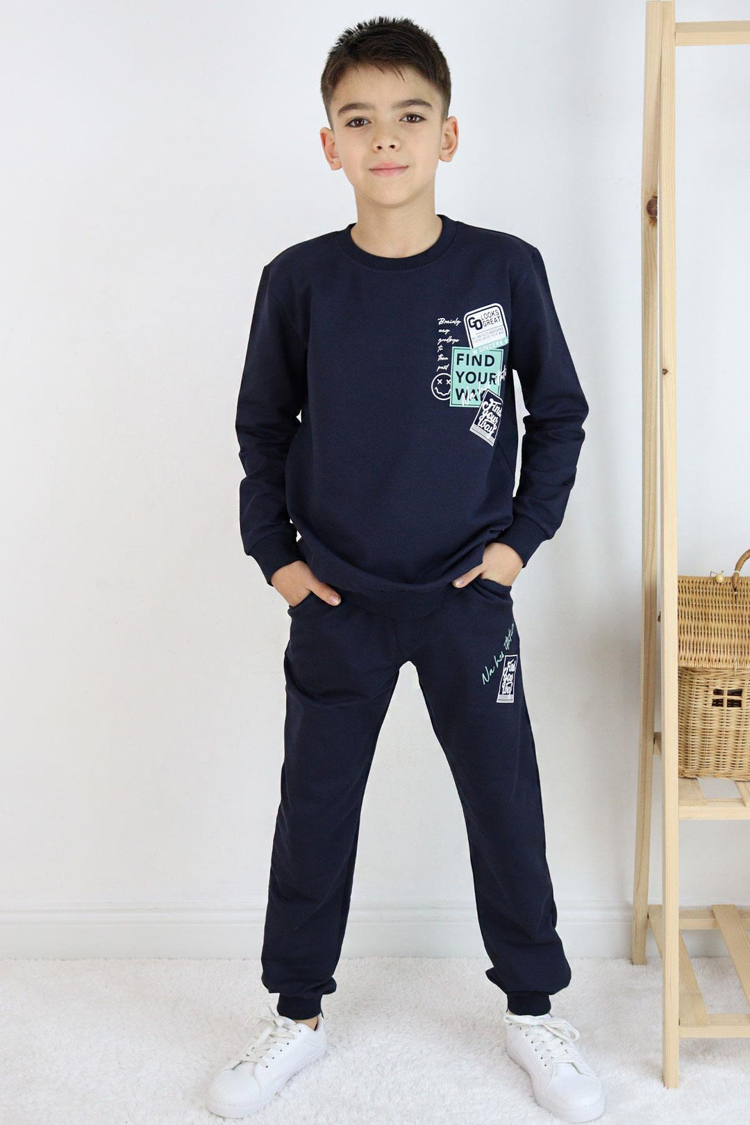 BRE Breeze Boys' Tracksuit Set Slogan Themed Printed with Writing 62 Years, Navy Blue - Beauvais