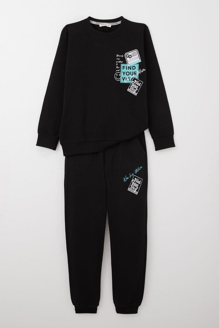 BRE Breeze Boys' Tracksuit Set Slogan Themed Printed with Writing 62 Years, Black - San Angelo