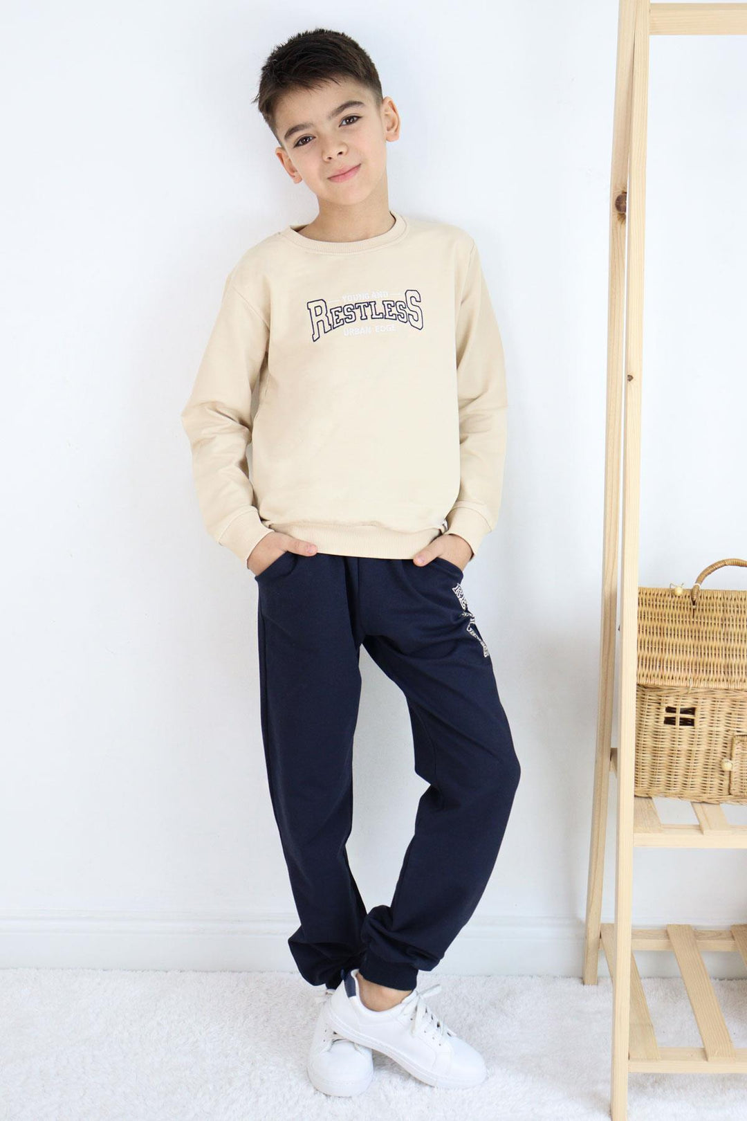 BRE Breeze Boys' Tracksuit with Printed Writing Pockets 50 Years, Beige - Livermore