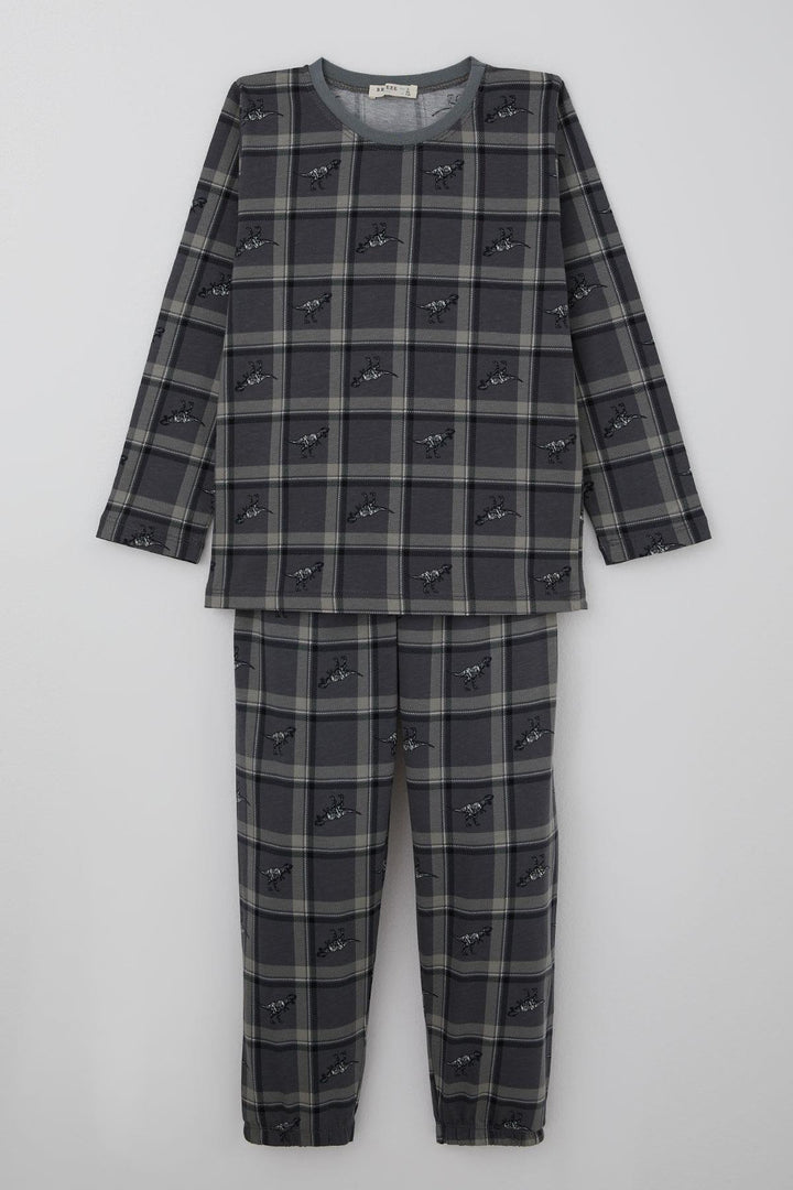 BRE Breeze Boys' Pajama Set Dinosaur Kingdom Plaid Patterned 4-8 Years, Gray - Pantin