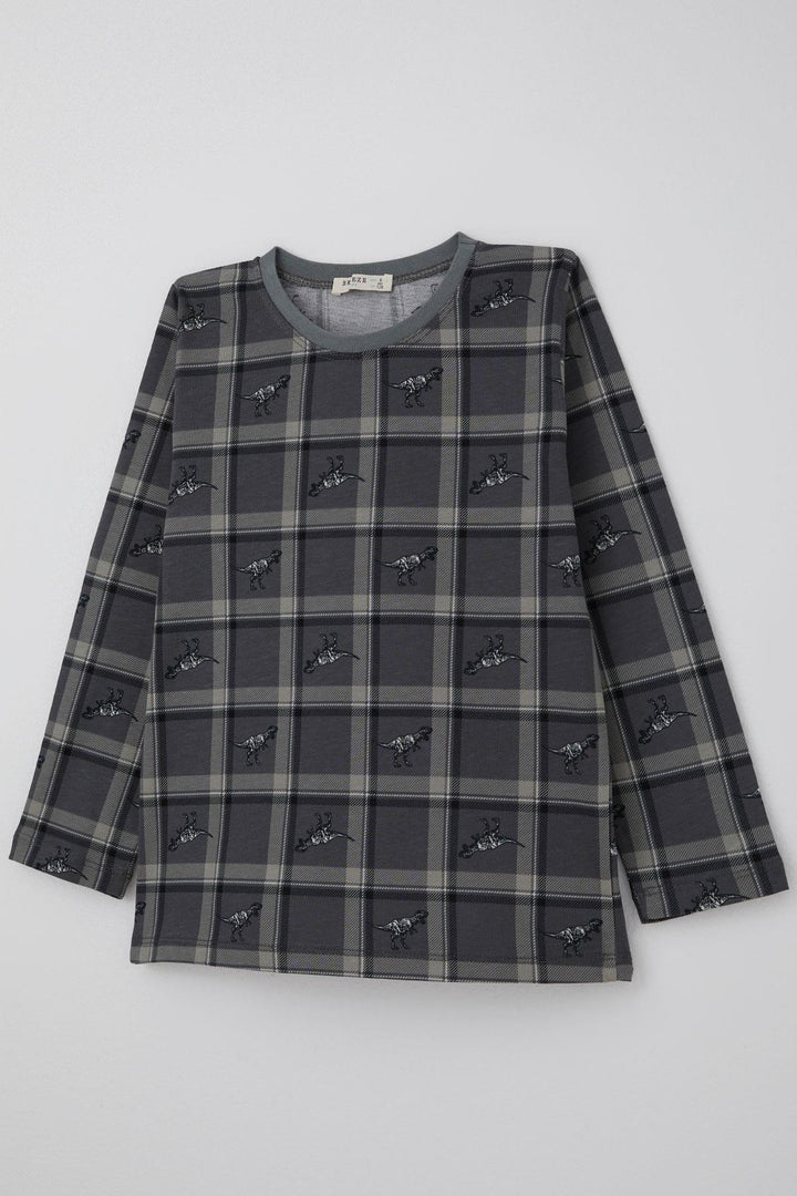 BRE Breeze Boys' Pajama Set Dinosaur Kingdom Plaid Patterned 4-8 Years, Gray - Pantin