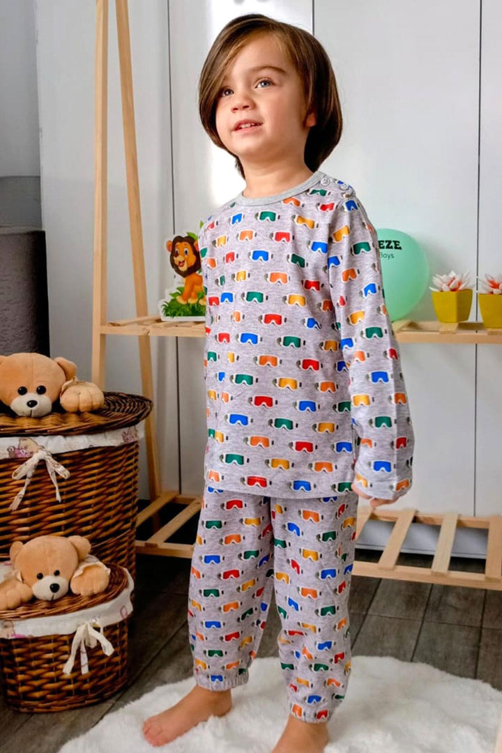 BRE Breeze Erkek Çocuk Pijama Takımı Renkli Kayakçı Gözlüğü Desenli 1-3 Yaş, Gri Melanj - Hoogvliet