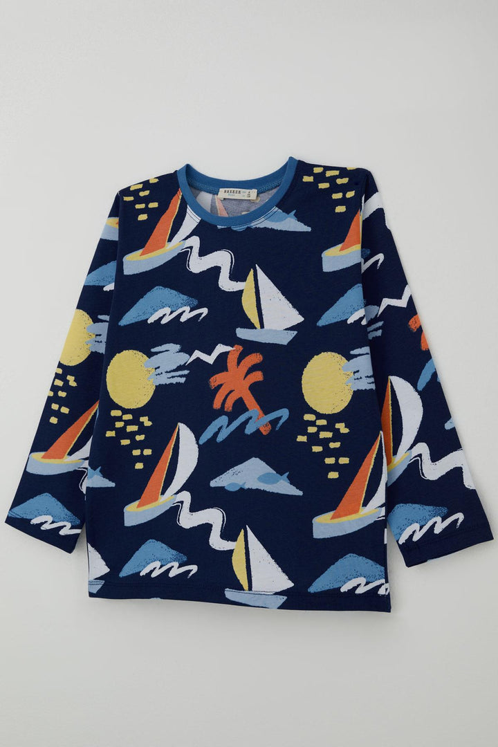 BRE Breeze Boys' Pyjama Set Summer Themed Elastic Waistband Cuffs 4-8 Years, Navy Blue - Mataró