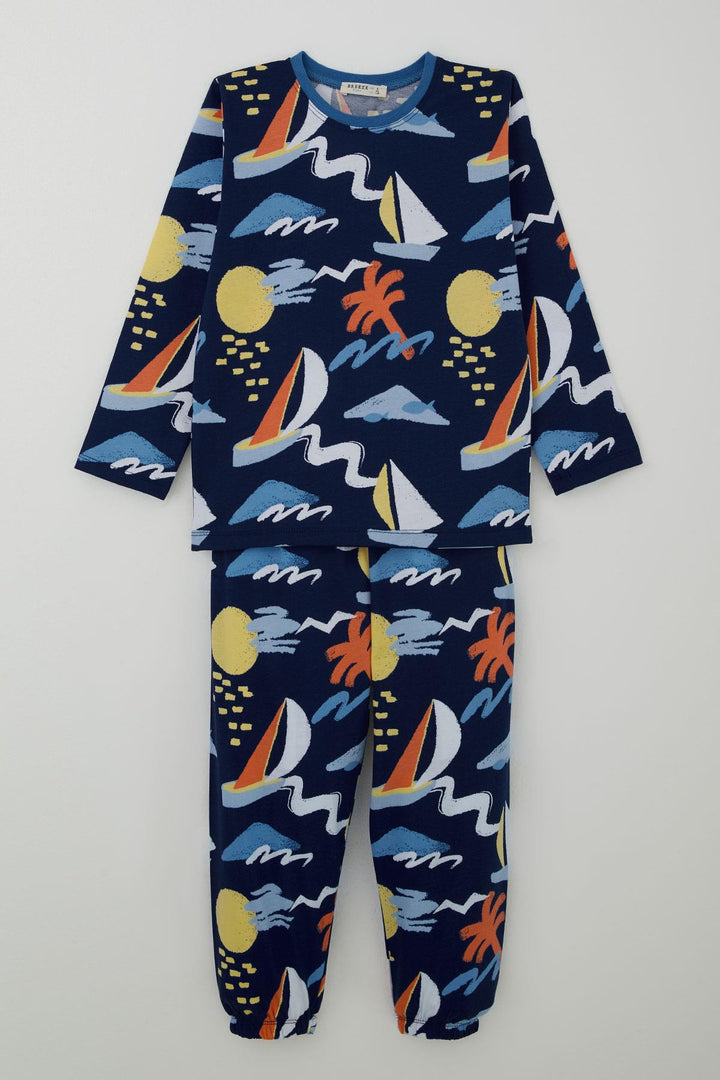 BRE Breeze Boys' Pyjama Set Summer Themed Elastic Waistband Cuffs 4-8 Years, Navy Blue - Mataró