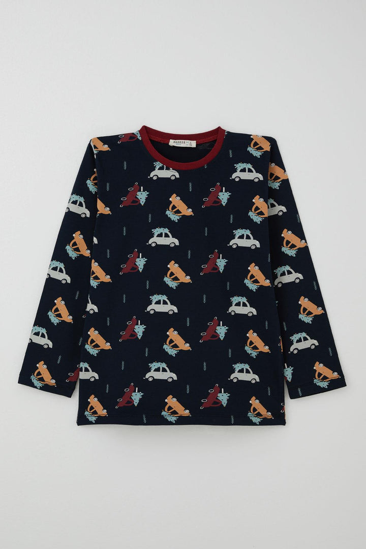 BRE Breeze Erkek Çocuk Pijama Takımı Yılbaşı Temalı Çam Ağaçlı Araba Desenli 4-8 Yaş, Lacivert - Lorient