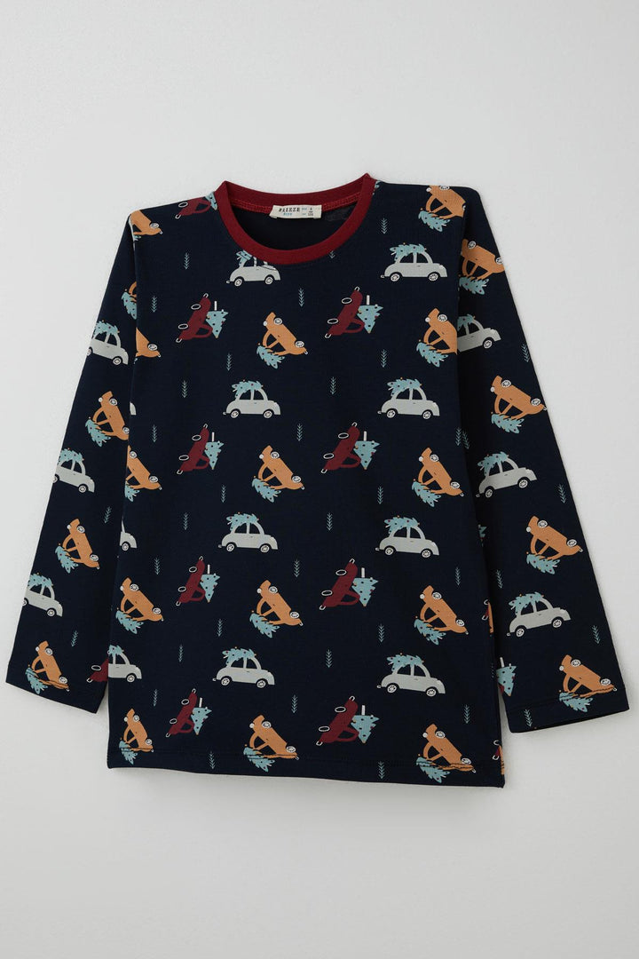 BRE Breeze Erkek Çocuk Pijama Takımı Yılbaşı Temalı Çam Ağaçlı Araba Desenli 4-8 Yaş, Lacivert - Lorient