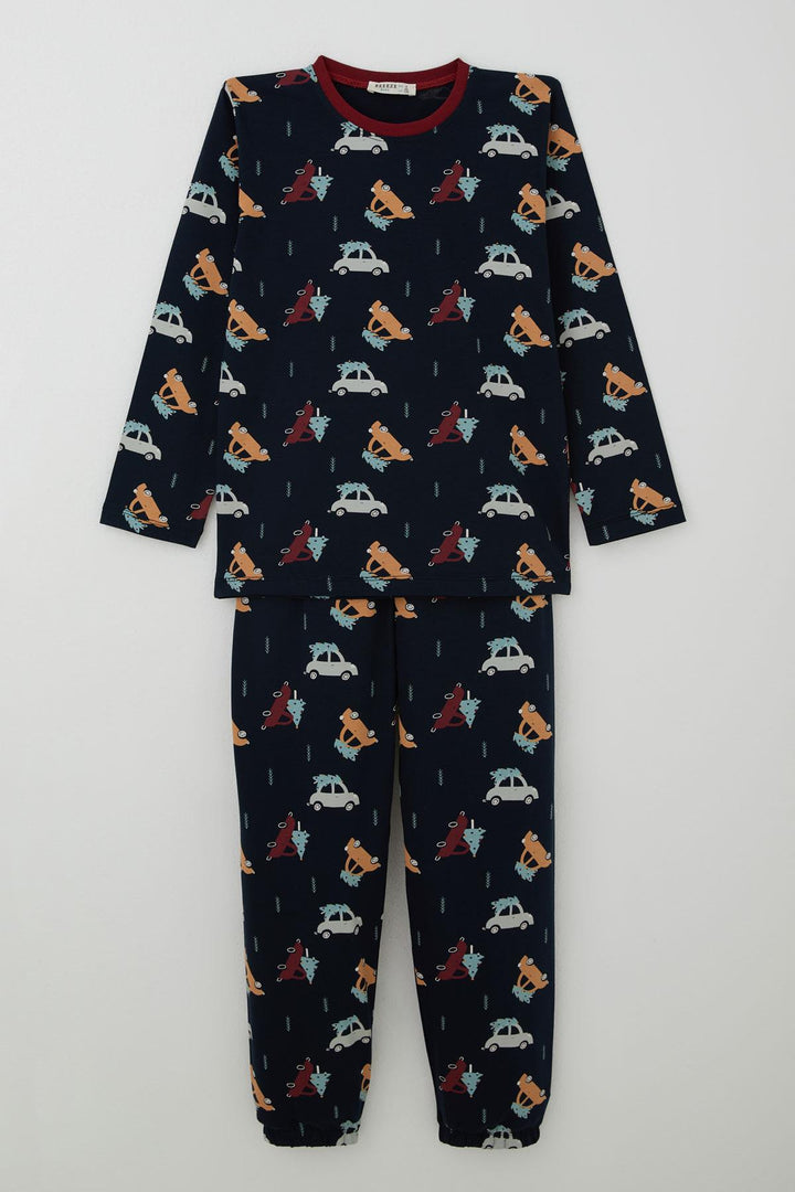 BRE Breeze Erkek Çocuk Pijama Takımı Yılbaşı Temalı Çam Ağaçlı Araba Desenli 4-8 Yaş, Lacivert - Lorient