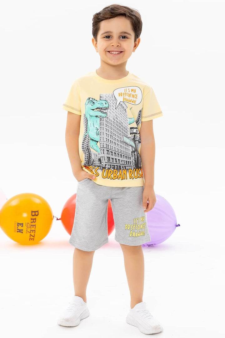 BRE Breeze Boys' Shorts Set with Dinosaur Print, 3-8 Years, Yellow - Kiel