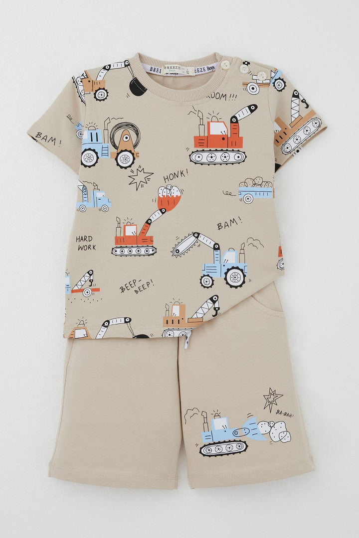 BRE Breeze Boys' Shorts Set Fun Construction Vehicles Patterned 1.5-5 Years, Beige - Freehold