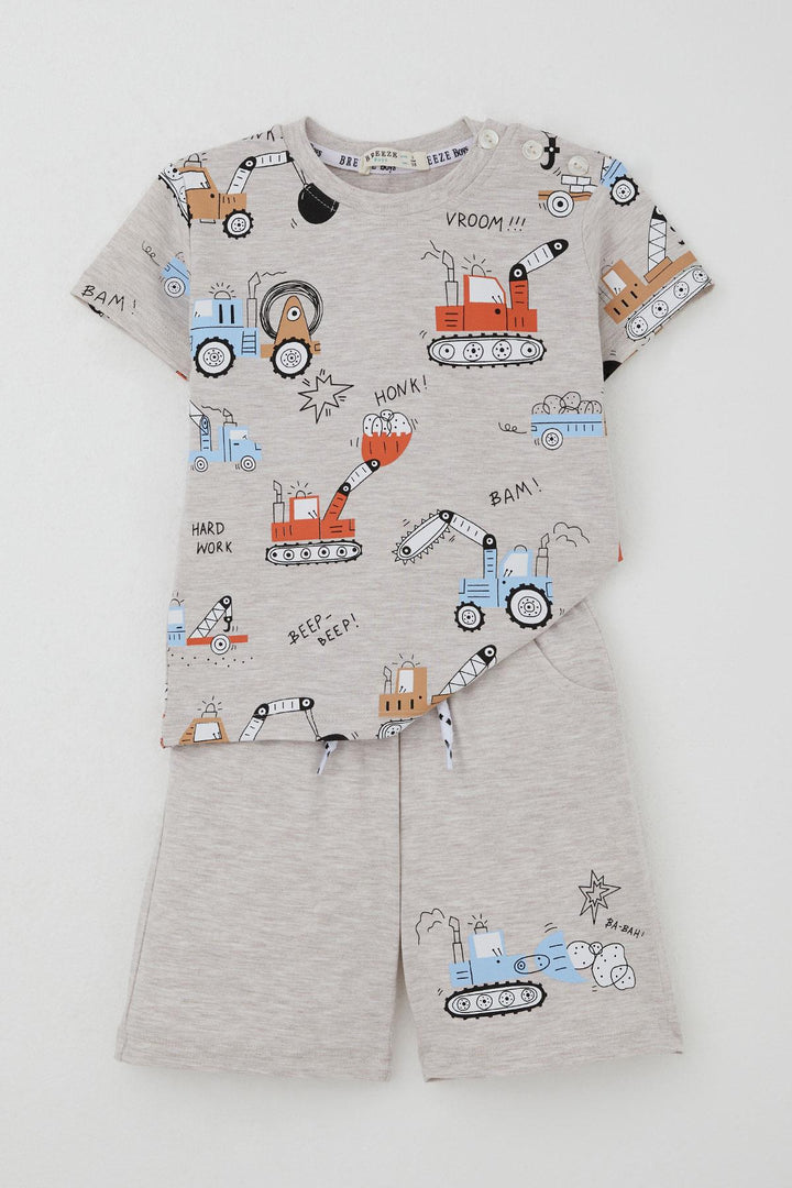 BRE Breeze Boys' Shorts Set Fun Construction Vehicles Patterned 1.5-5 Years, Beige Melange - Piacenza