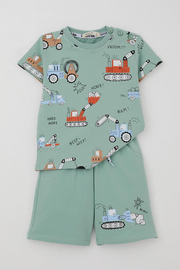 BRE Breeze Erkek Çocuk Şortlu Takım Eğlenceli İş Makineleri Desenli 1.5-5 Yaş, Su Yeşili - Klagenfurt