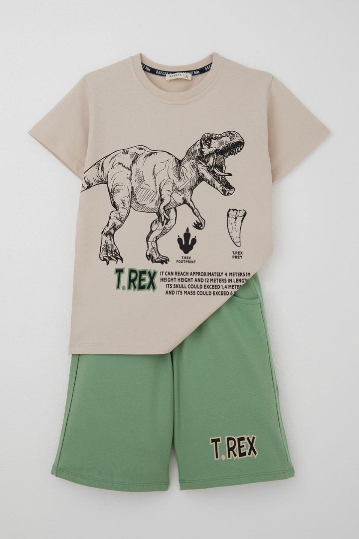 BRE Breeze Erkek Çocuk Şortlu Takım Güçlü Dinozor Baskılı Kısa Kollar Büyük Güç 4-9 Yaş, Bej - Kobryn