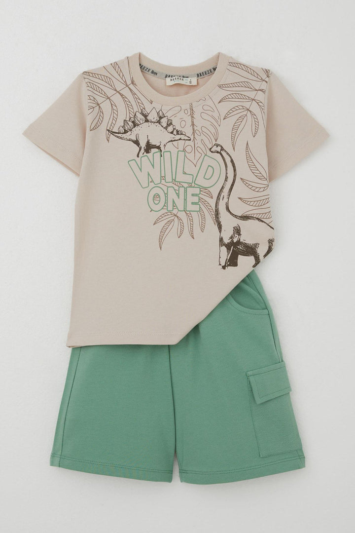 BRE Breeze Erkek Çocuk Şortlu Takım Güçlü Dinozorlar Baskılı 3-8 Yaş, Bej - Guacharachi