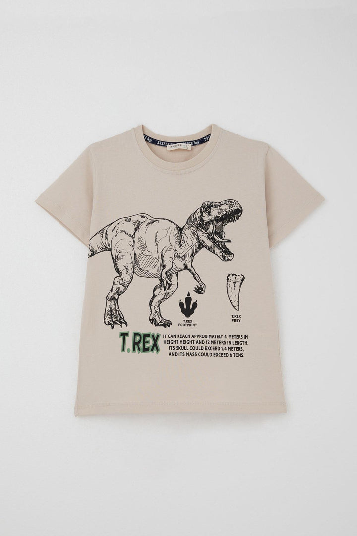 BRE Breeze Erkek Çocuk Şortlu Takım Güçlü Dinozor Baskılı Kısa Kollar Büyük Güç 4-9 Yaş, Bej - Kobryn