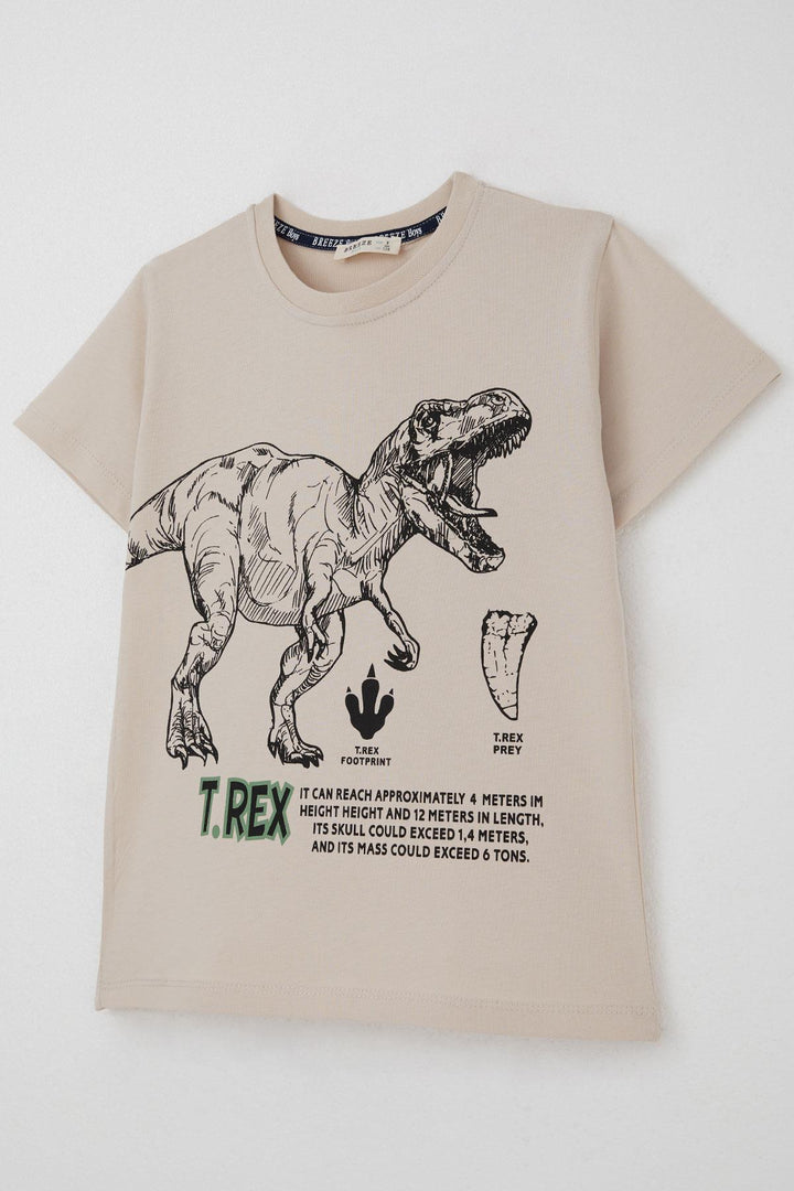 BRE Breeze Erkek Çocuk Şortlu Takım Güçlü Dinozor Baskılı Kısa Kollar Büyük Güç 4-9 Yaş, Bej - Kobryn