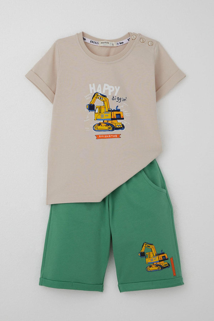 BRE Breeze Boys' Shorts Set with Construction Machine Print, 1-4 Years, Beige - Paderno Dugnano