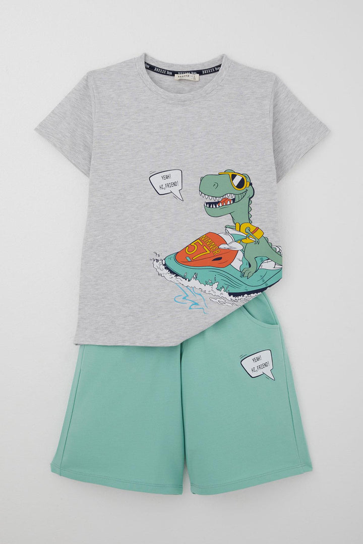 BRE Breeze Erkek Çocuk Şortlu Takım Jetski Tutkunu Havalı Dinozor Baskılı 5-9 Yaş, Açık Gri Melanj - Santa Cruz