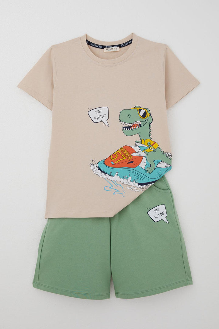 BRE Breeze Erkek Çocuk Şortlu Takım Jetski Tutkunu Havalı Dinozor Baskılı 5-9 Yaş, Bej - Mentor