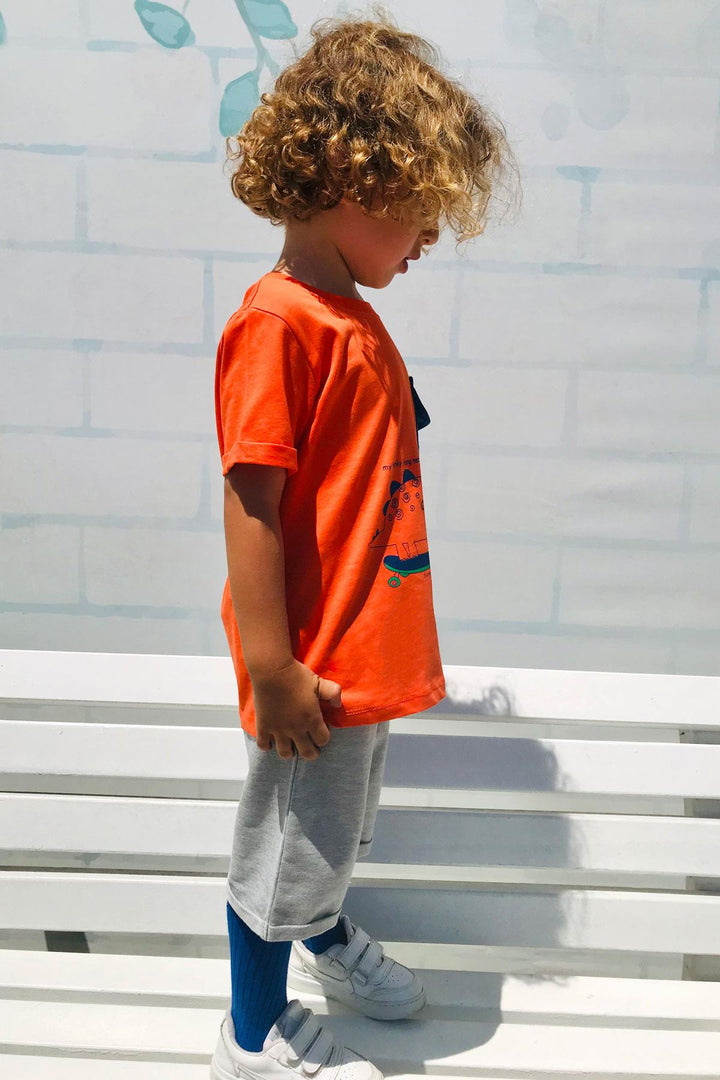 BRE Breeze Erkek Çocuk Şortlu Takım Kaykaycı Dinozor Baskılı Cep Kısmı Kapak Detaylı 2-6 Yaş, Kiremit - Katwijk