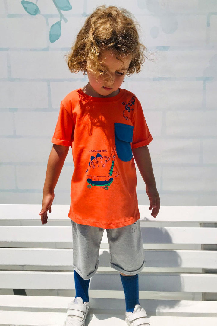 BRE Breeze Erkek Çocuk Şortlu Takım Kaykaycı Dinozor Baskılı Cep Kısmı Kapak Detaylı 2-6 Yaş, Kiremit - Katwijk