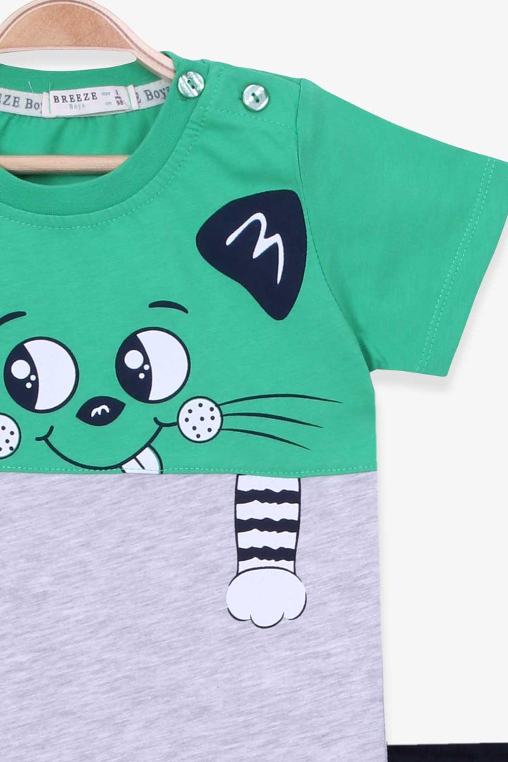 BRE Breeze Boys' Shorts Set with Cat Print, 1-4 Years, Green - Logan