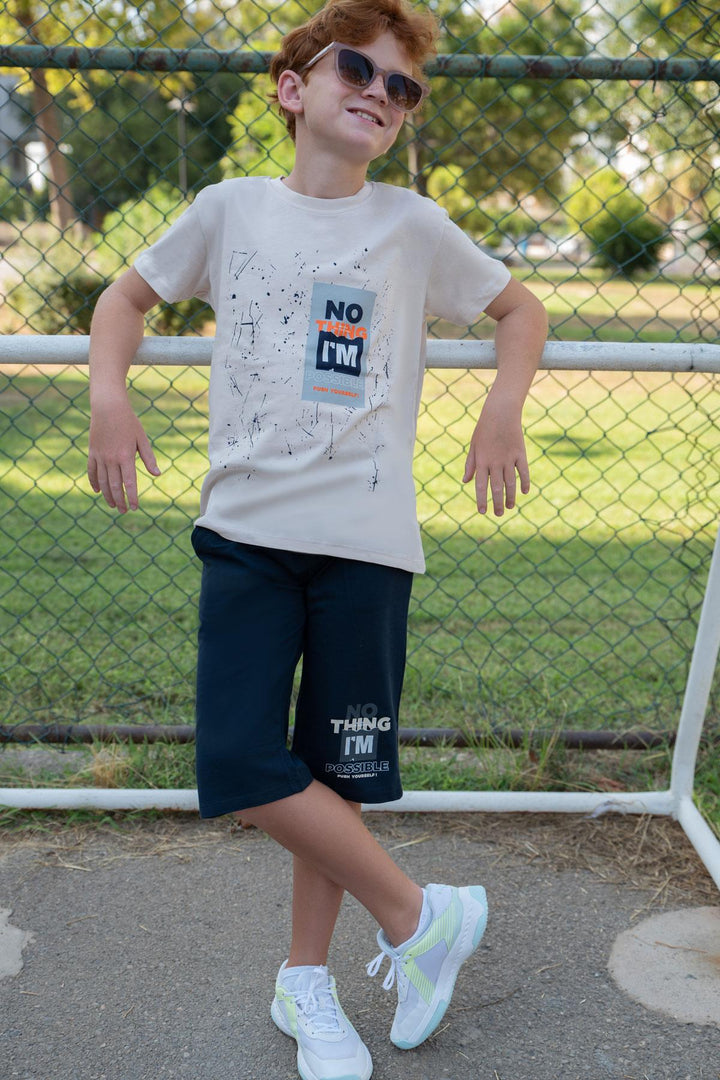 BRE Breeze Erkek Çocuk Şortlu Takım Püskürtme Boya Desenli Yazı Baskılı 50 Yaş, Bej - Bunbury