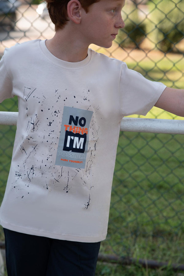 BRE Breeze Erkek Çocuk Şortlu Takım Püskürtme Boya Desenli Yazı Baskılı 50 Yaş, Bej - Bunbury