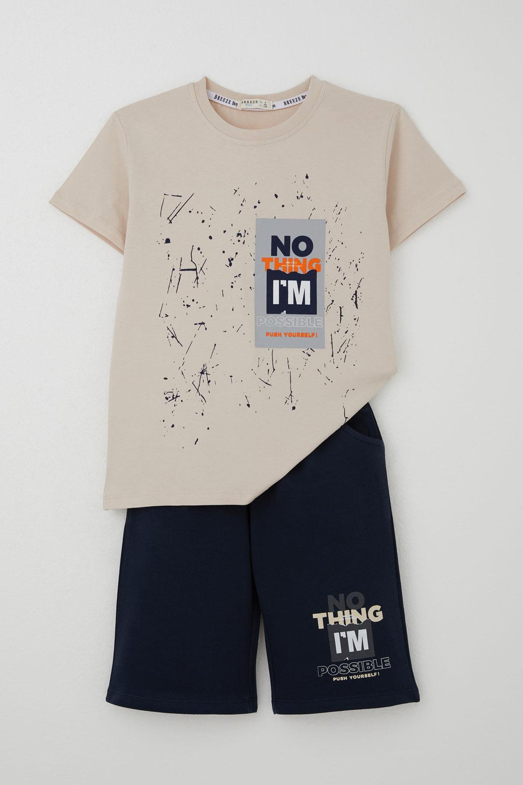 BRE Breeze Erkek Çocuk Şortlu Takım Püskürtme Boya Desenli Yazı Baskılı 50 Yaş, Bej - Bunbury