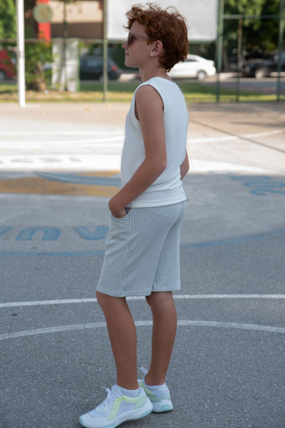 BRE Breeze Boys' Shorts Set Sleeveless Summer Printed Lace-Up Accessorized 84 Years, White - Pearl City