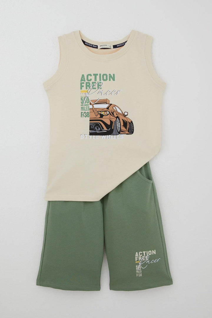 BRE Breeze Boys' Shorts Set Sleeveless Racing Track Hero Car Printed 50 Years, Cream - Castelo Branco