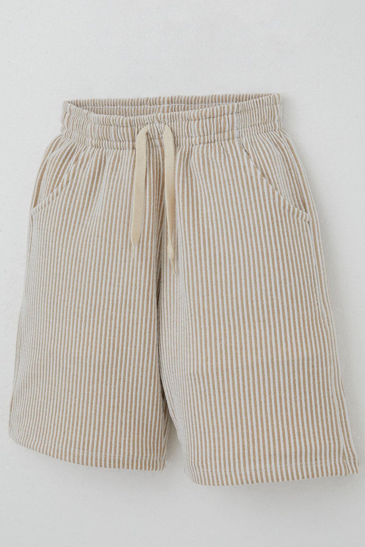 BRE Breeze Erkek Çocuk Şortlu Takım Sıfır Kollu Yazı Baskılı Bağcık Aksesuarlı 84 Yaş, Krem - Vyshneve