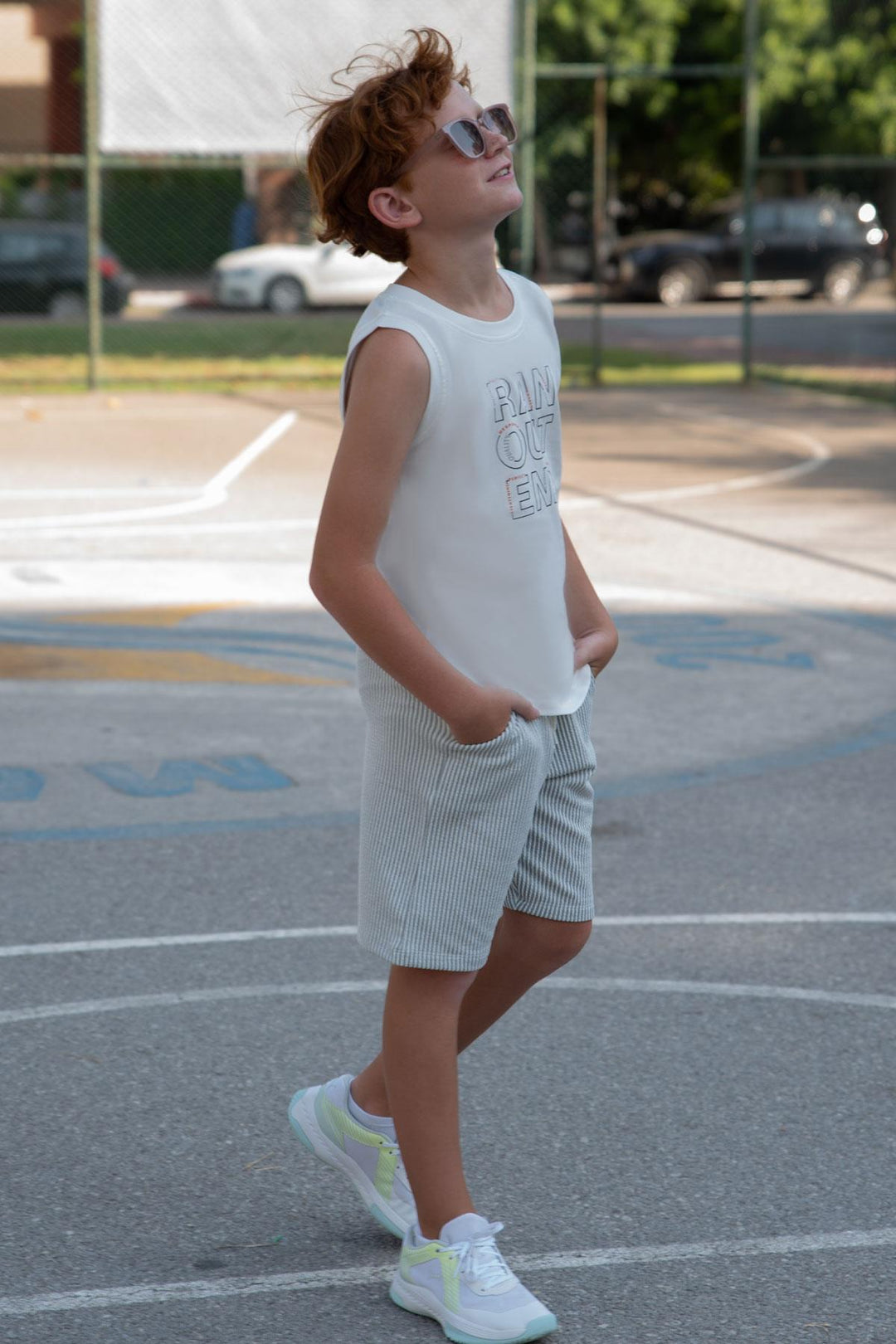 BRE Breeze Boys' Shorts Set Sleeveless Summer Printed Lace-Up Accessorized 84 Years, White - Pearl City