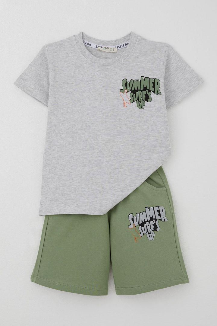 BRE Breeze Erkek Çocuk Şortlu Takım Yaz Temalı Sörf Macerası 3-8 Yaş, Açık Gri Melanj - Grand Island