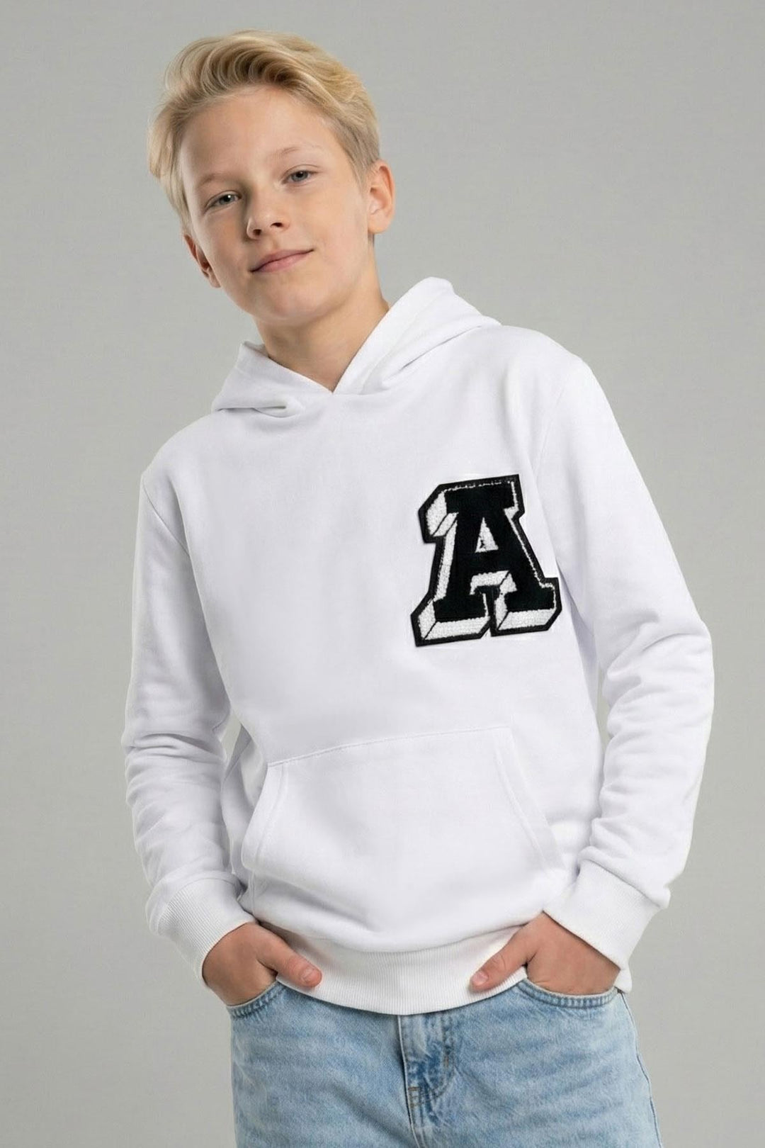 BRE Breeze Boys' Sweatshirt with A Letter Embroidery Crest, 94 Years, White - Krefeld
