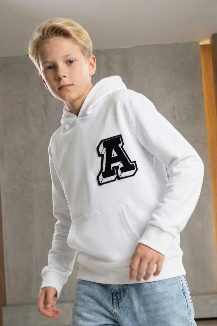 BRE Breeze Boys' Sweatshirt with A Letter Embroidery Crest, 94 Years, White - Krefeld