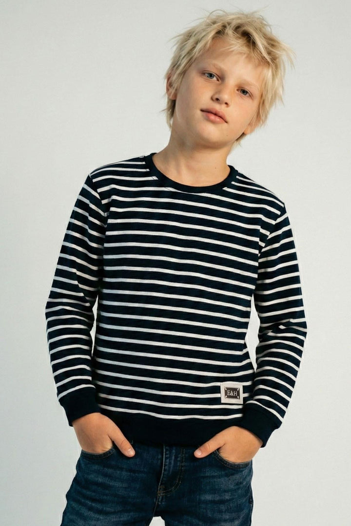 BRE Breeze Boys' Sweatshirt with Arm Detail Striped 4-8 Years, Navy Blue - Jackson